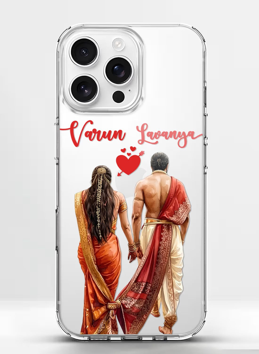 Personalized clear phone case with a traditional Indian ethnic couple back view illustration and space for custom names.