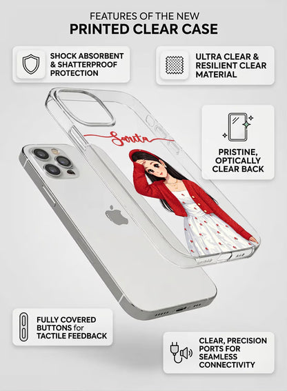 Aesthetic girl in red cardigan with custom name text on a high-quality shock-absorbent clear silicone phone case.