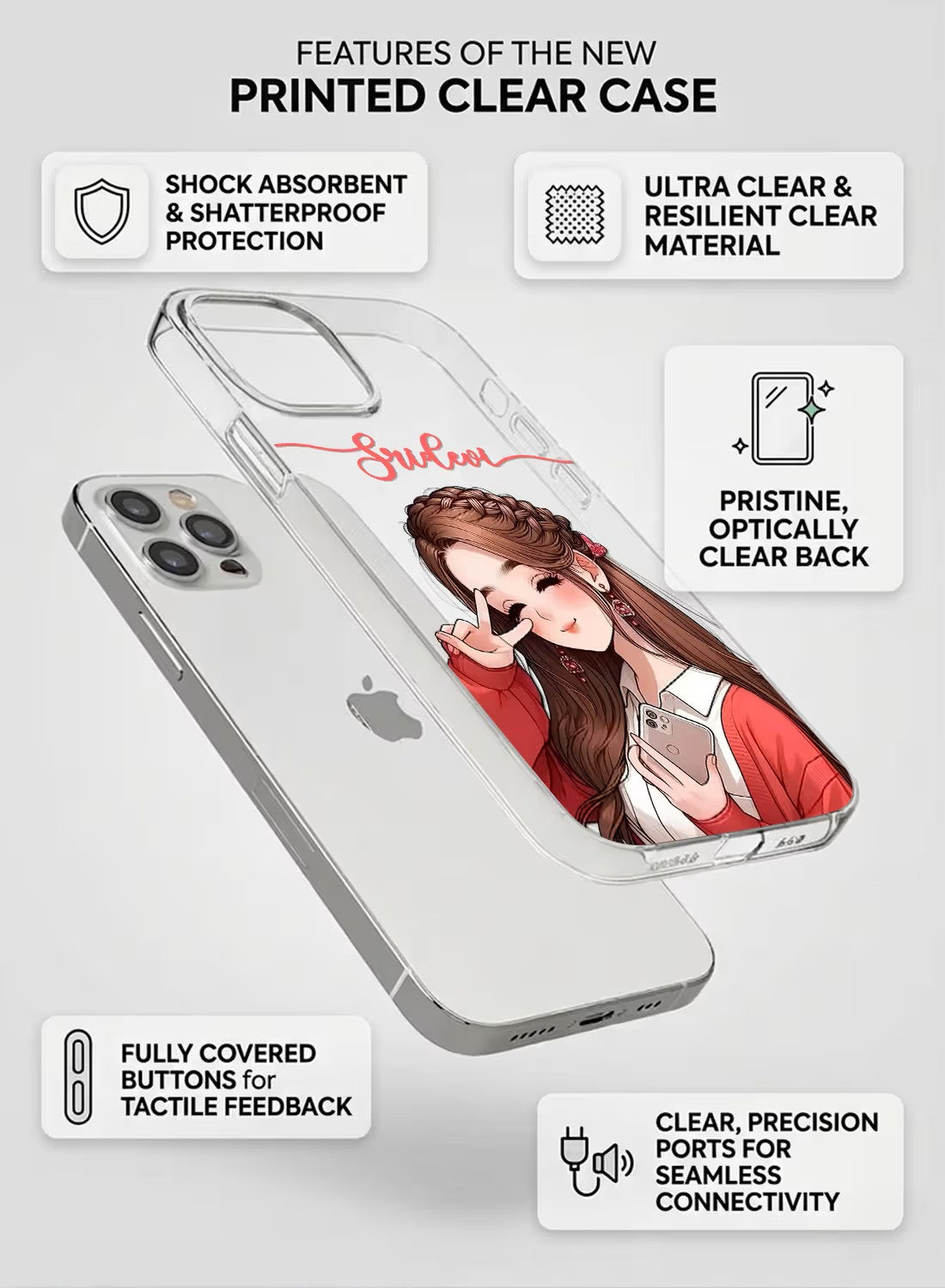 A clear phone case featuring a stylish girl with braided hair making a peace sign, customizable with your own name.