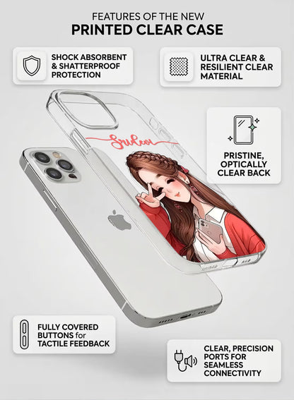 A clear phone case featuring a stylish girl with braided hair making a peace sign, customizable with your own name.