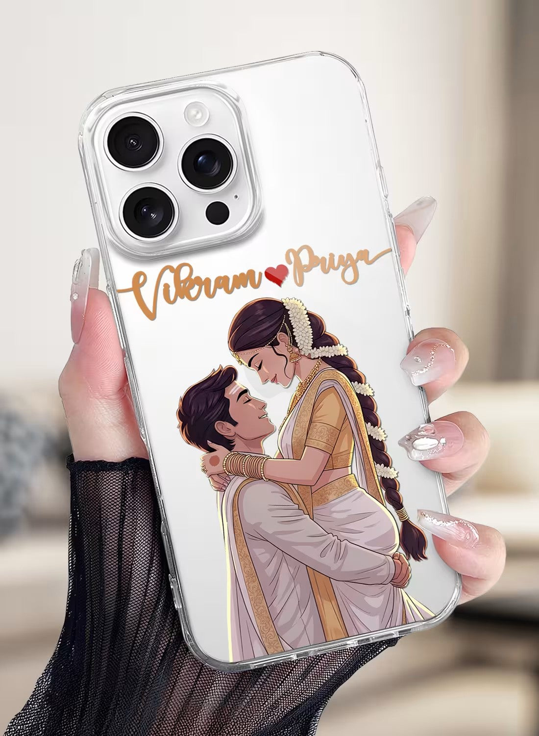 Personalized Indian ethnic couple wedding theme clear silicone phone case with custom name space and vivid artistic design.