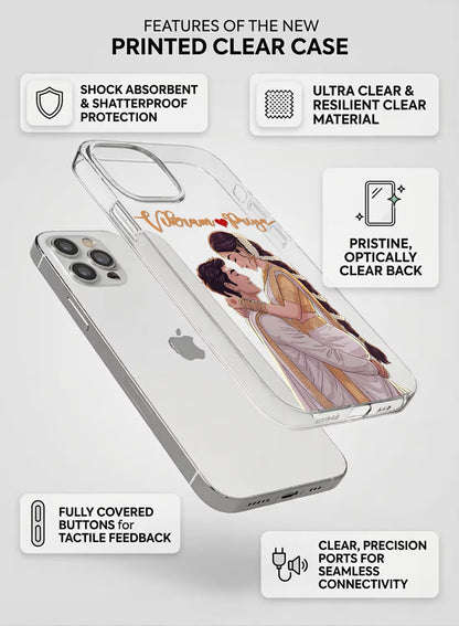 Personalized Indian ethnic couple wedding theme clear silicone phone case with custom name space and vivid artistic design.