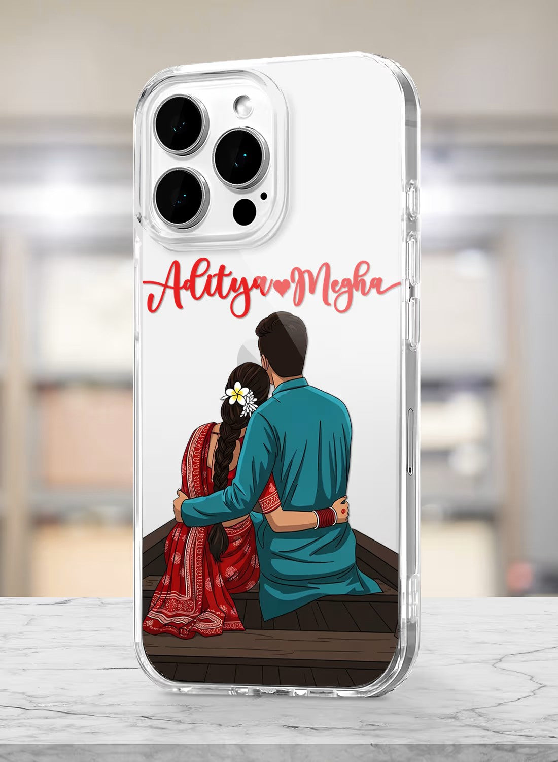 Personalized romantic ethnic couple back-view illustration clear silicone phone cover for premium protection.