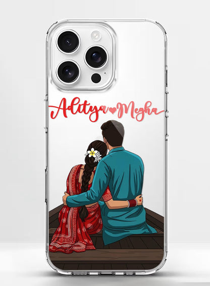 Personalized romantic ethnic couple back-view illustration clear silicone phone cover for premium protection.