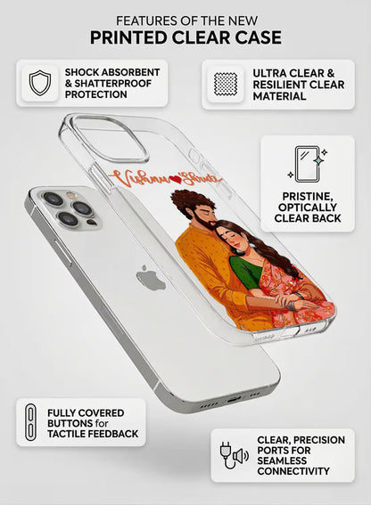 Personalized clear phone case featuring a romantic illustration of a couple in traditional Indian ethnic wear.