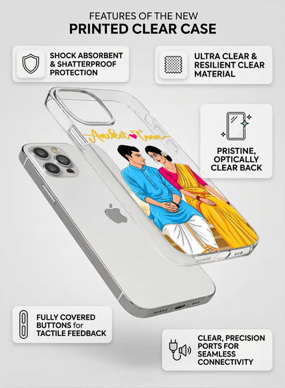 Personalized clear phone case with an Indian couple illustration in traditional attire, featuring custom name text area.