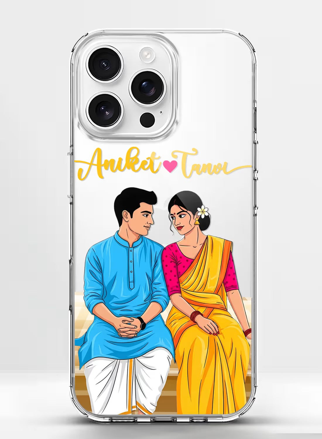 Personalized clear phone case with an Indian couple illustration in traditional attire, featuring custom name text area.