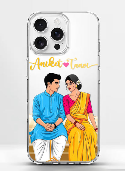 Personalized clear phone case with an Indian couple illustration in traditional attire, featuring custom name text area.
