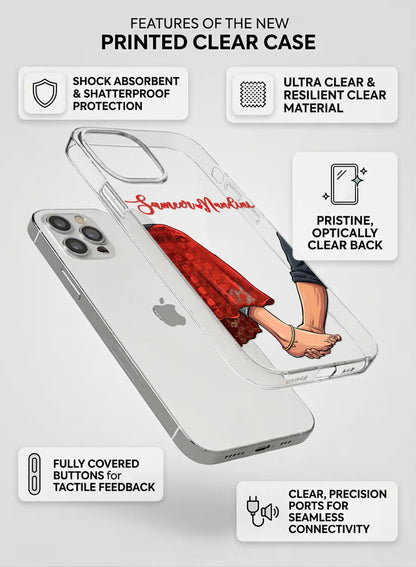 Personalized clear phone case featuring a romantic couple holding hands illustration with custom name space.