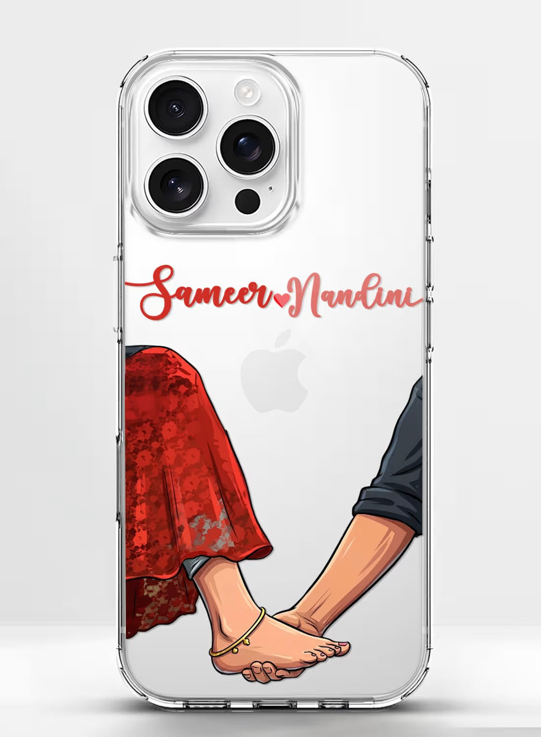 Personalized clear phone case featuring a romantic couple holding hands illustration with custom name space.