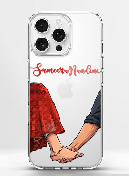 Personalized clear phone case featuring a romantic couple holding hands illustration with custom name space.