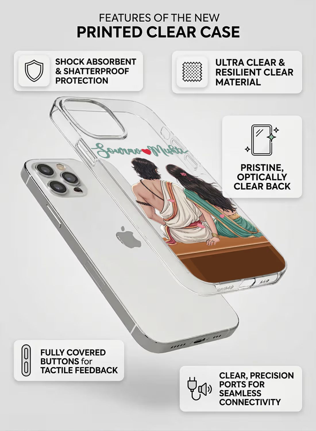A clear phone case featuring a romantic illustration of an ethnic Indian couple sitting together, perfect for customization.