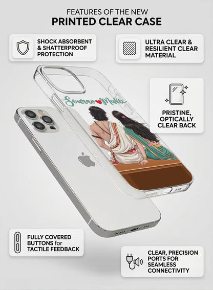 A clear phone case featuring a romantic illustration of an ethnic Indian couple sitting together, perfect for customization.