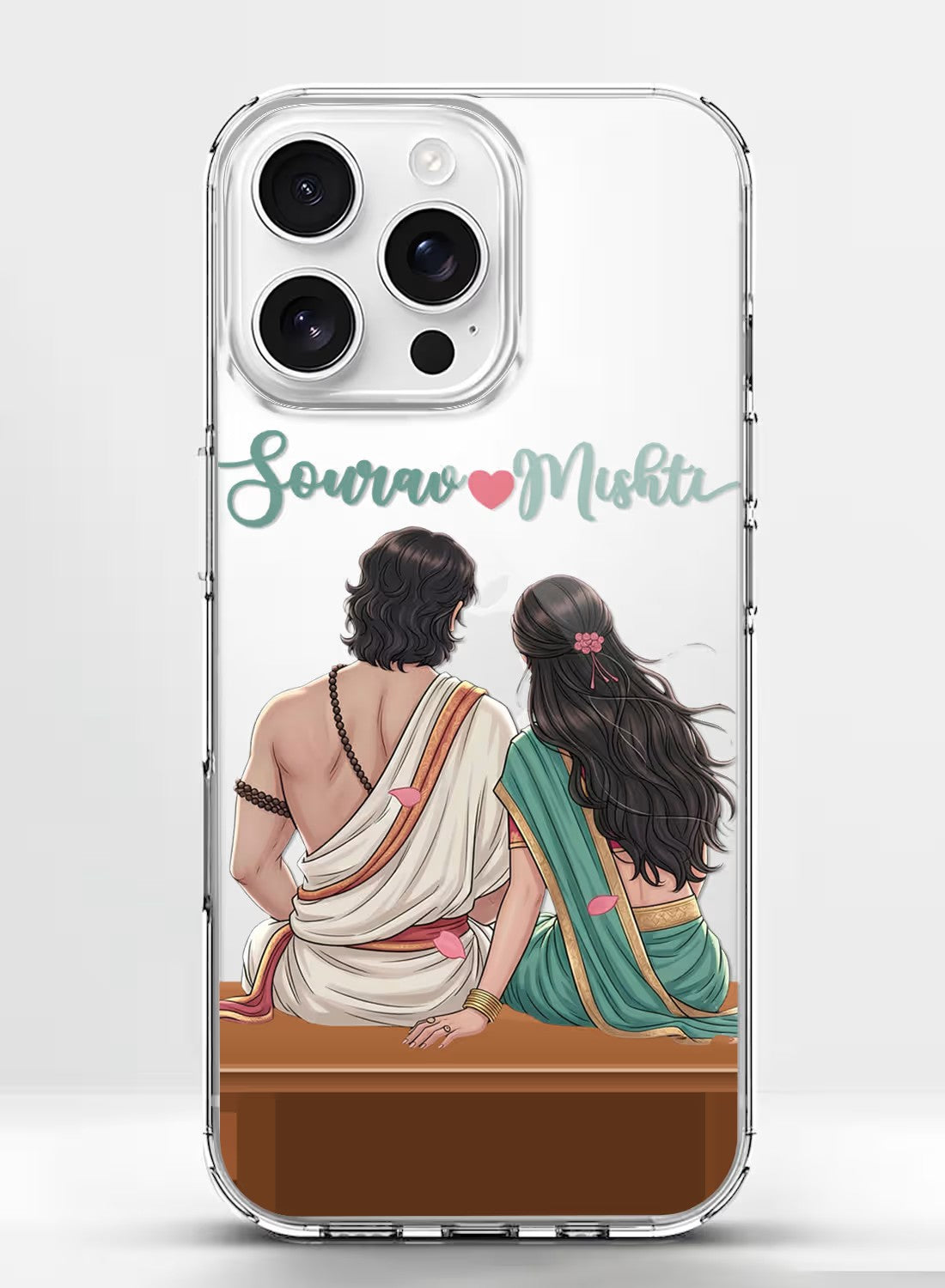 A clear phone case featuring a romantic illustration of an ethnic Indian couple sitting together, perfect for customization.