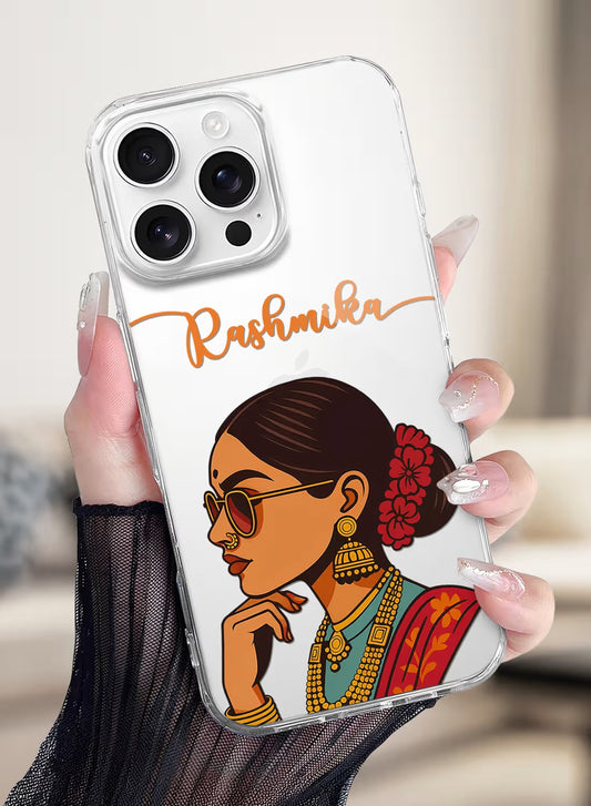 A stylish clear silicone phone case featuring a trendy illustration of an Indian girl wearing traditional gold jewelry and sunglasses.