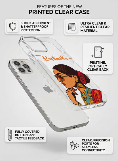 A stylish clear silicone phone case featuring a trendy illustration of an Indian girl wearing traditional gold jewelry and sunglasses.