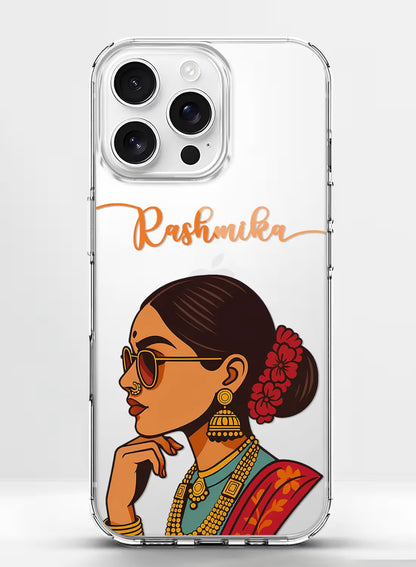 A stylish clear silicone phone case featuring a trendy illustration of an Indian girl wearing traditional gold jewelry and sunglasses.