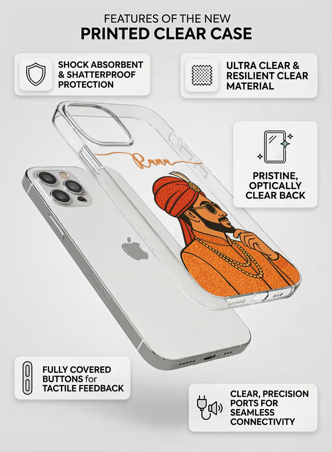Personalized royal Indian groom portrait UV printed clear silicone back case for smartphones.