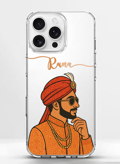 Personalized royal Indian groom portrait UV printed clear silicone back case for smartphones.