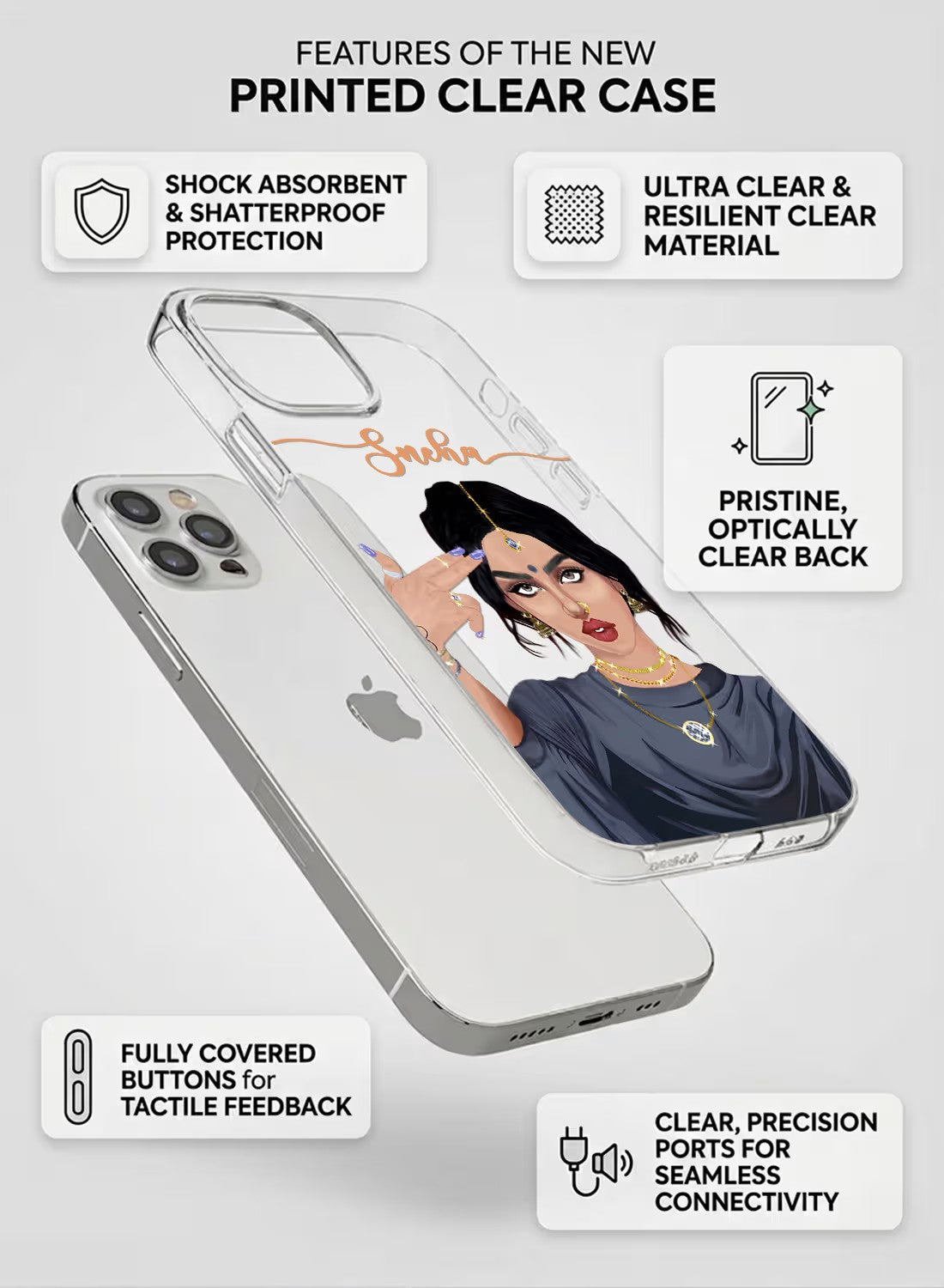 Clear silicone phone case featuring a stylish Indian girl making a hand gesture, customizable with a name.