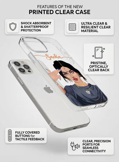 Clear silicone phone case featuring a stylish Indian girl making a hand gesture, customizable with a name.