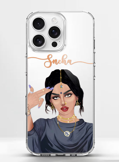 Clear silicone phone case featuring a stylish Indian girl making a hand gesture, customizable with a name.