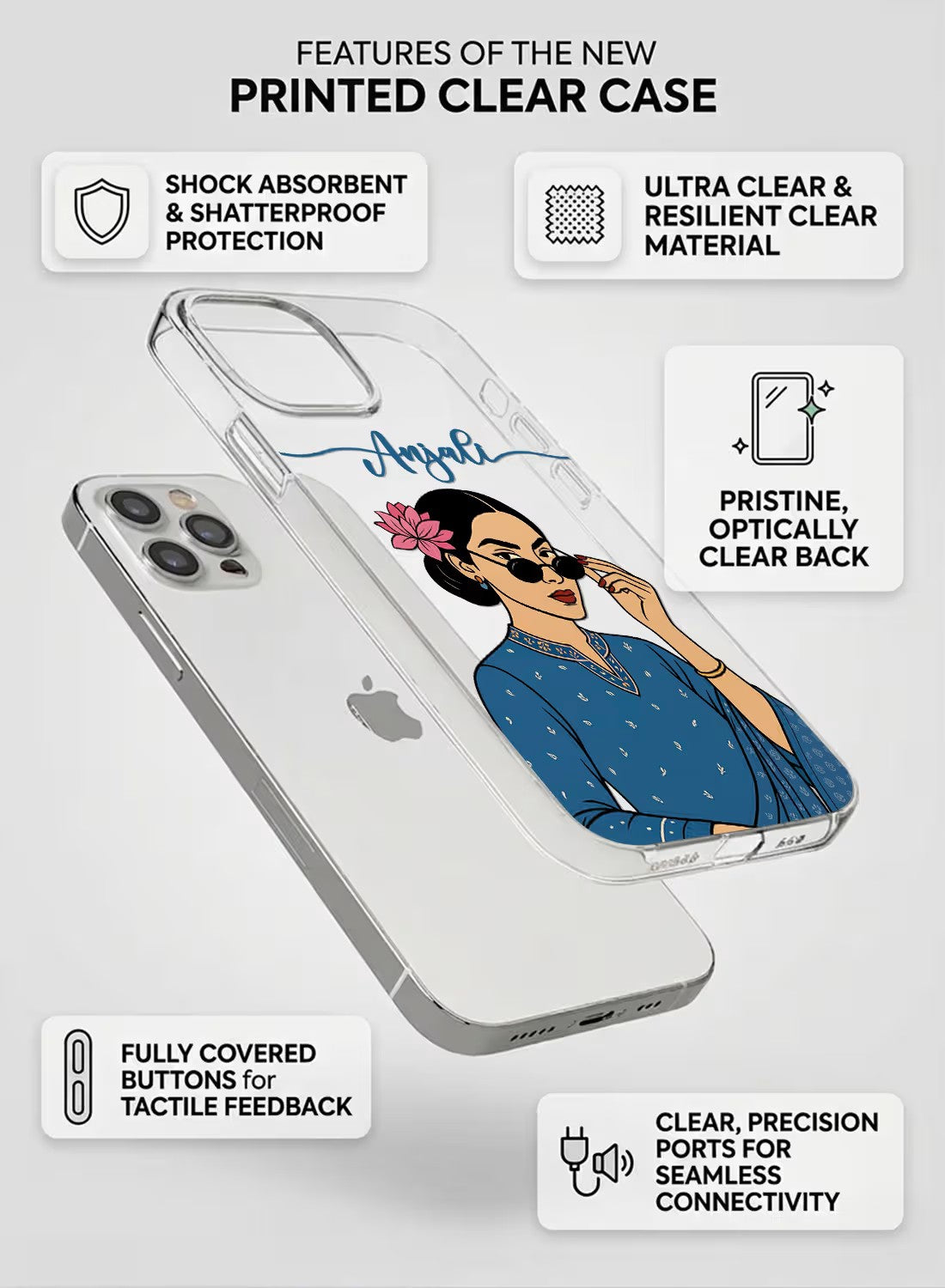 A clear phone case featuring a stylish Indian girl with sunglasses and a pink lotus flower, with customizable name space.