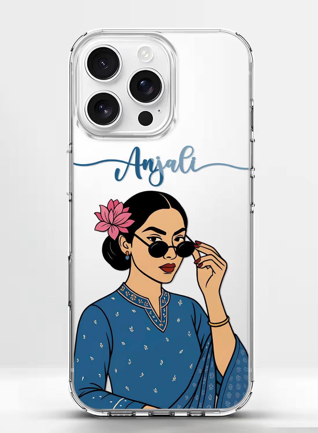 A clear phone case featuring a stylish Indian girl with sunglasses and a pink lotus flower, with customizable name space.