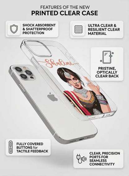 Clear phone case featuring a stylish Indian girl portrait with traditional jewelry and customizable name text.