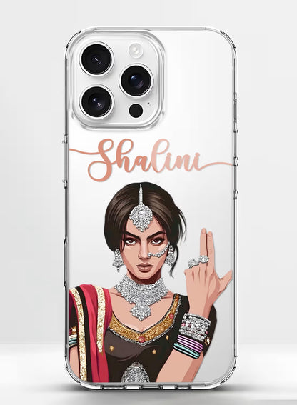 Clear phone case featuring a stylish Indian girl portrait with traditional jewelry and customizable name text.