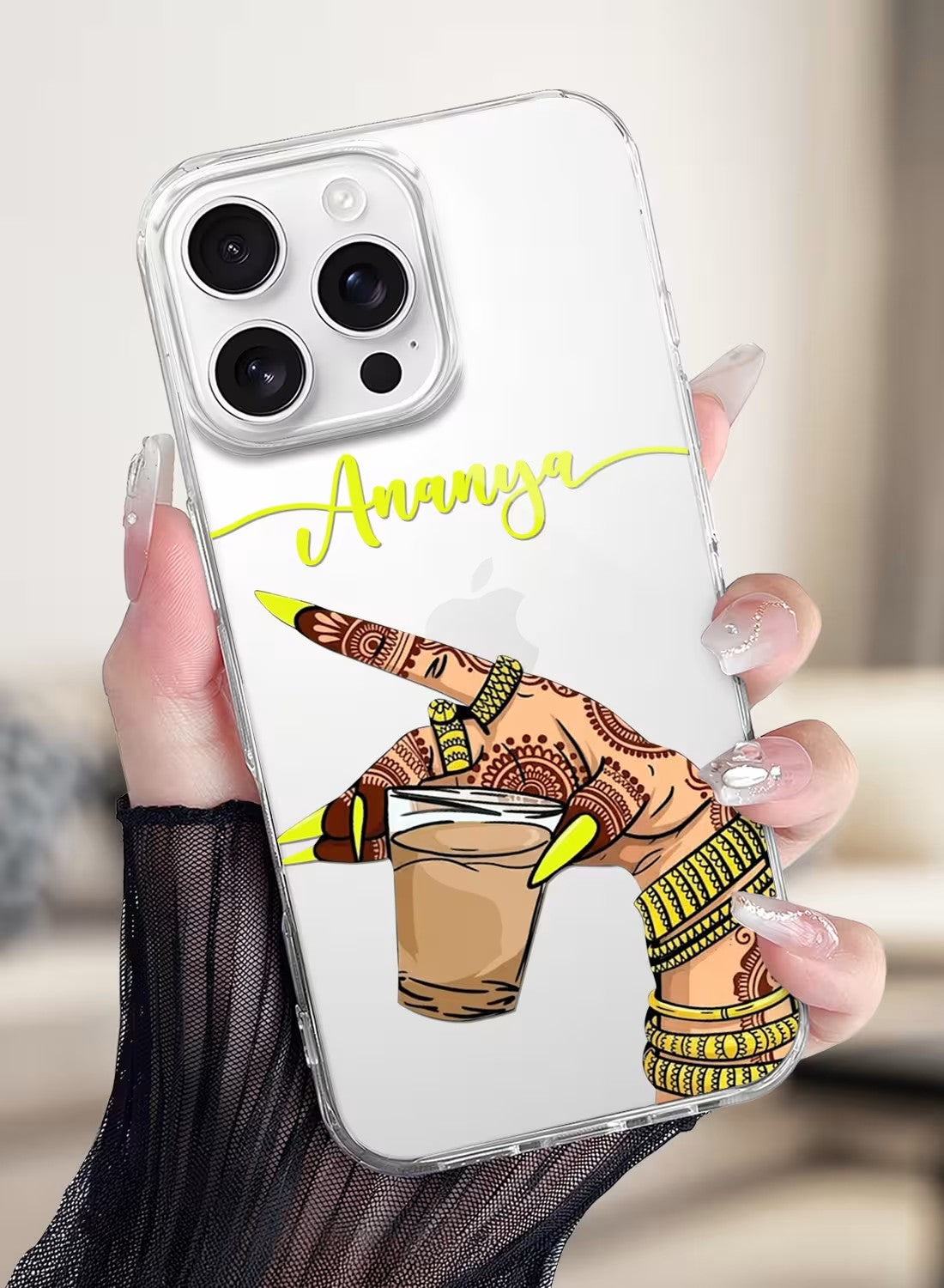 A clear phone case featuring a henna-adorned hand holding a cup of tea with custom name personalization for mobile protection.