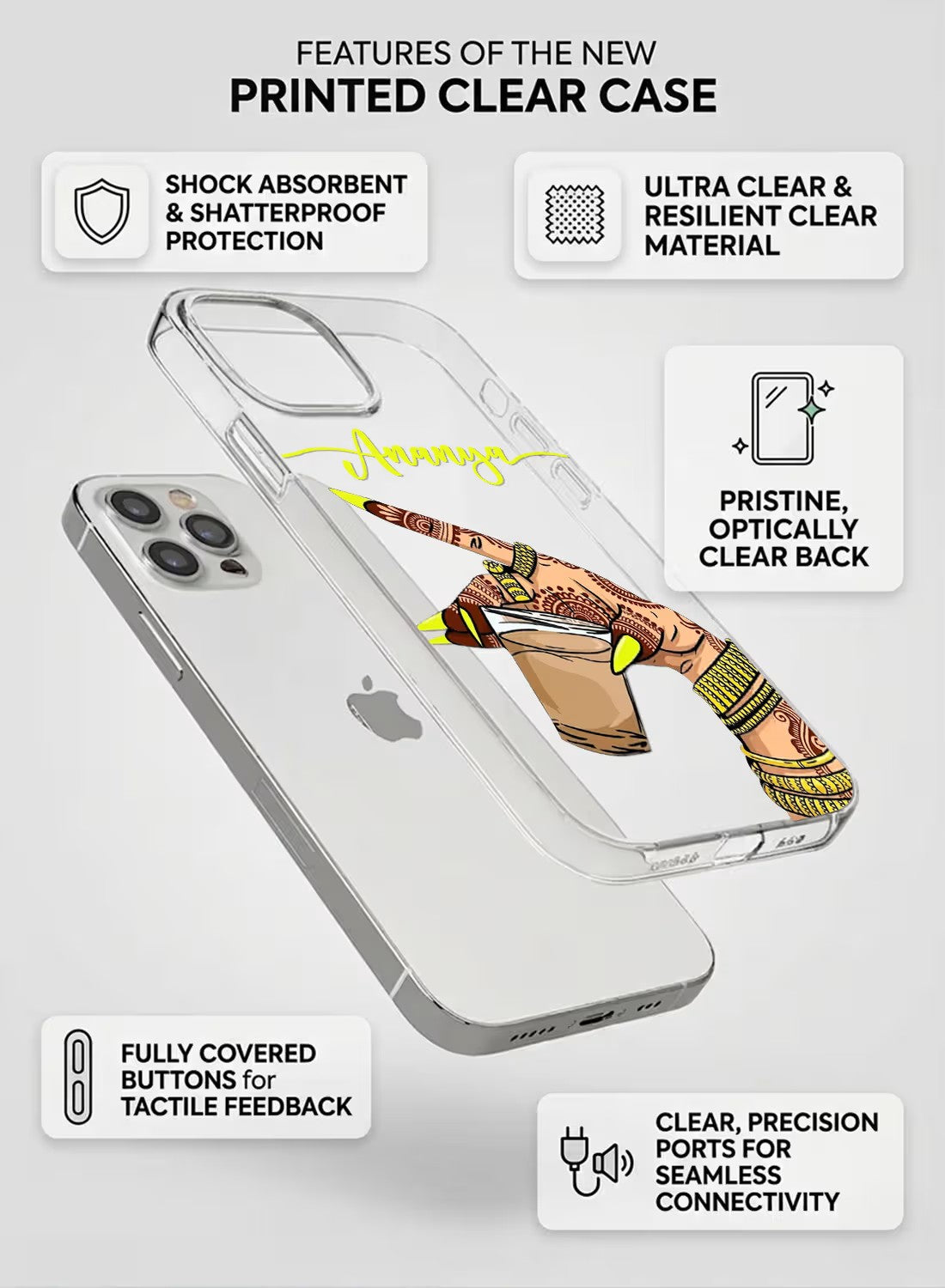 A clear phone case featuring a henna-adorned hand holding a cup of tea with custom name personalization for mobile protection.