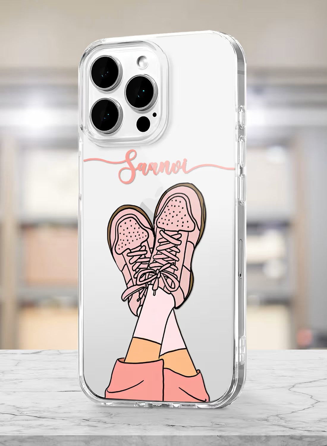 Personalized clear phone case with a trendy pink sneaker illustration, suitable for all smartphone models.