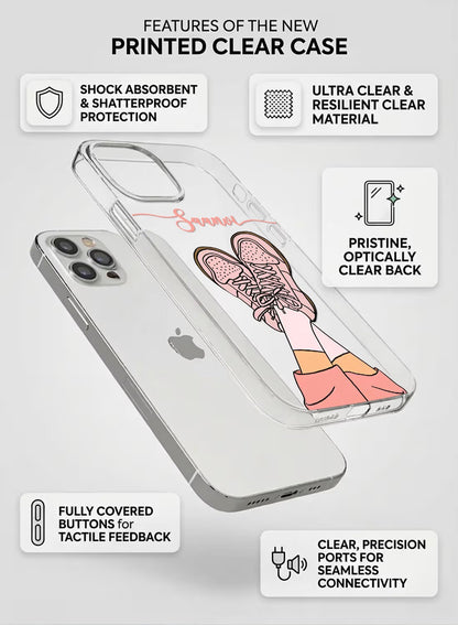 Personalized clear phone case with a trendy pink sneaker illustration, suitable for all smartphone models.