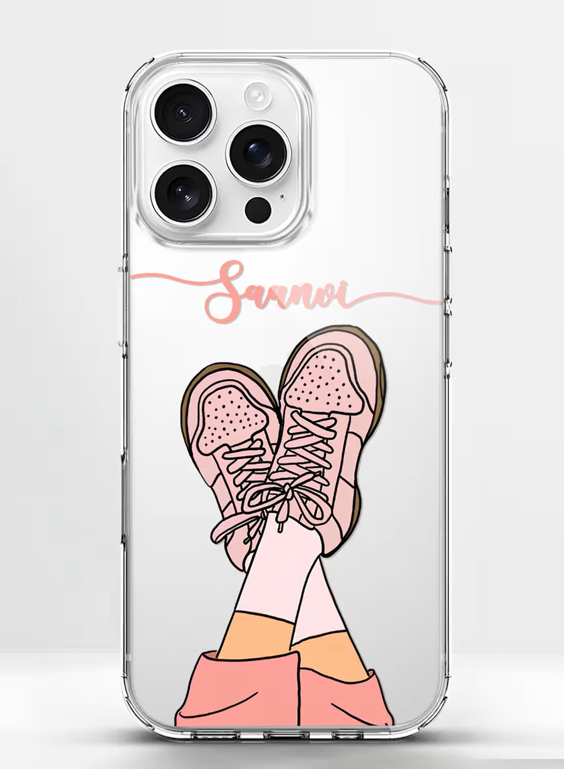 Personalized clear phone case with a trendy pink sneaker illustration, suitable for all smartphone models.