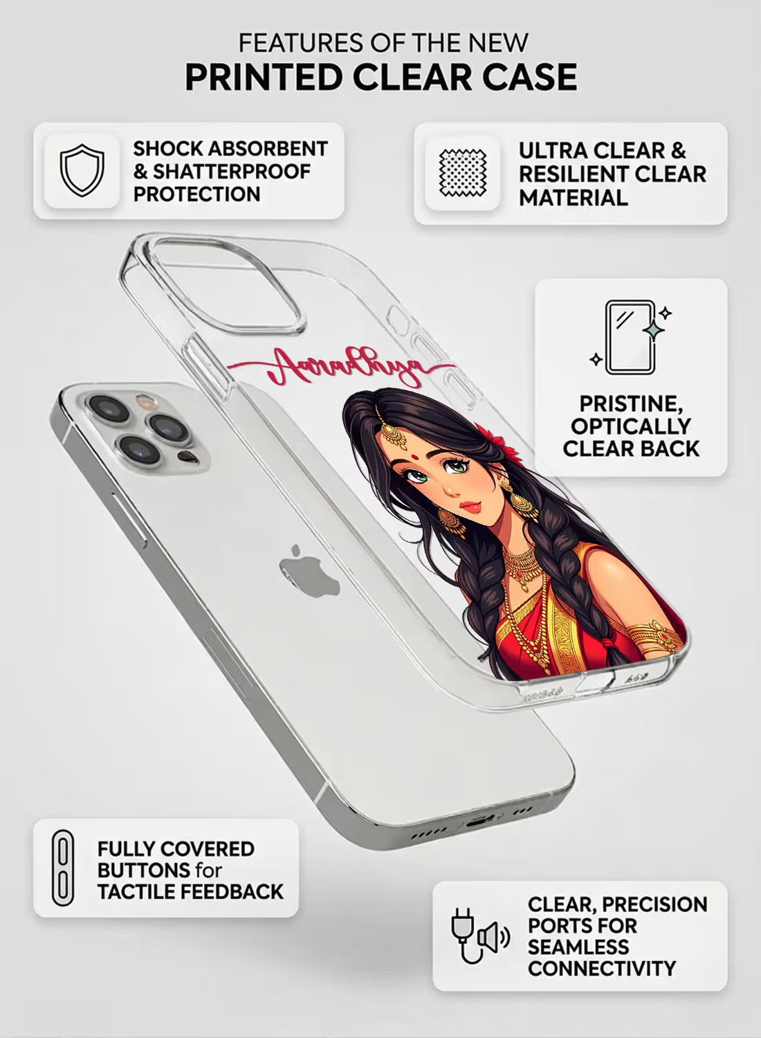 A clear phone case featuring a beautiful Indian girl in traditional attire with custom name personalization option.
