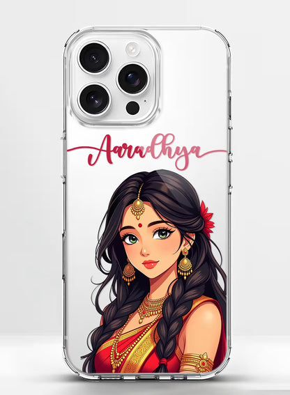 A clear phone case featuring a beautiful Indian girl in traditional attire with custom name personalization option.