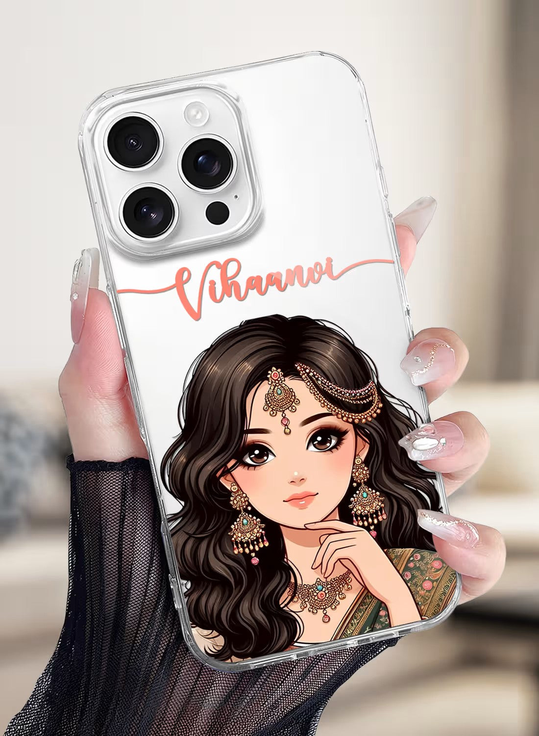 Custom phone case featuring a beautiful ethnic girl portrait with gold jewelry and space for a personalized name.