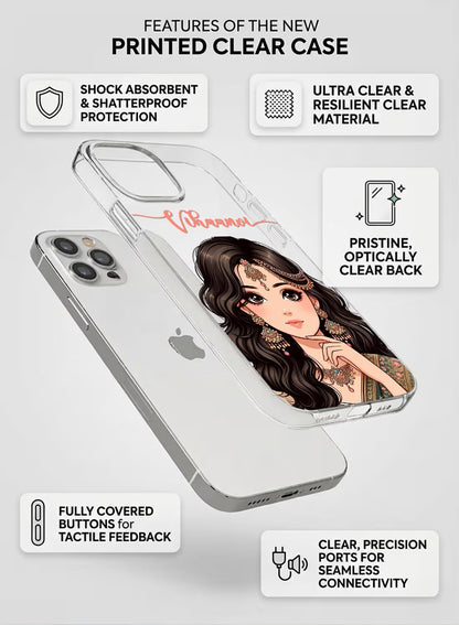 Custom phone case featuring a beautiful ethnic girl portrait with gold jewelry and space for a personalized name.