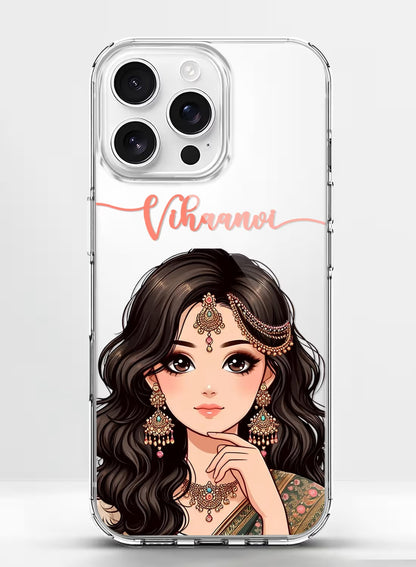 Custom phone case featuring a beautiful ethnic girl portrait with gold jewelry and space for a personalized name.