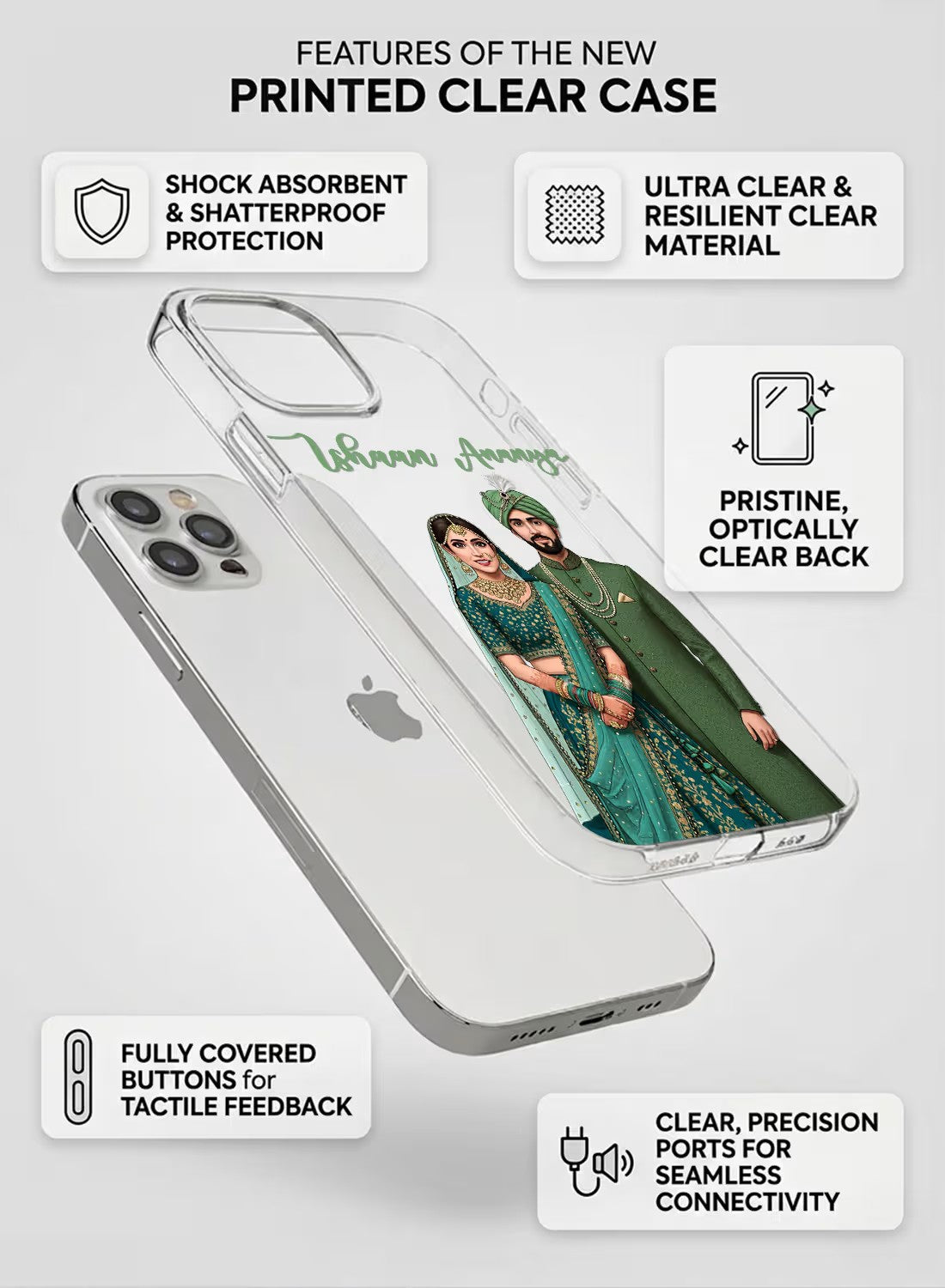 Personalized traditional Indian wedding couple portrait printed on a clear shock-absorbent silicone phone case.
