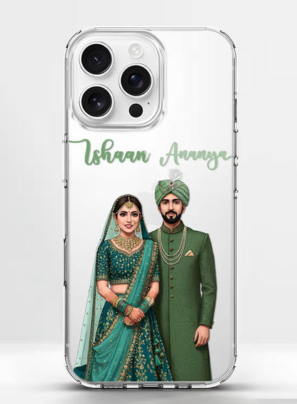 Personalized traditional Indian wedding couple portrait printed on a clear shock-absorbent silicone phone case.
