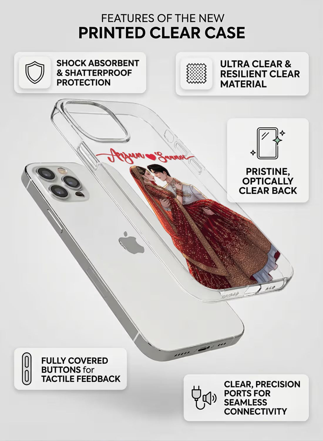 Personalized clear silicone phone case featuring an illustrated Indian wedding couple portrait for mobile protection.