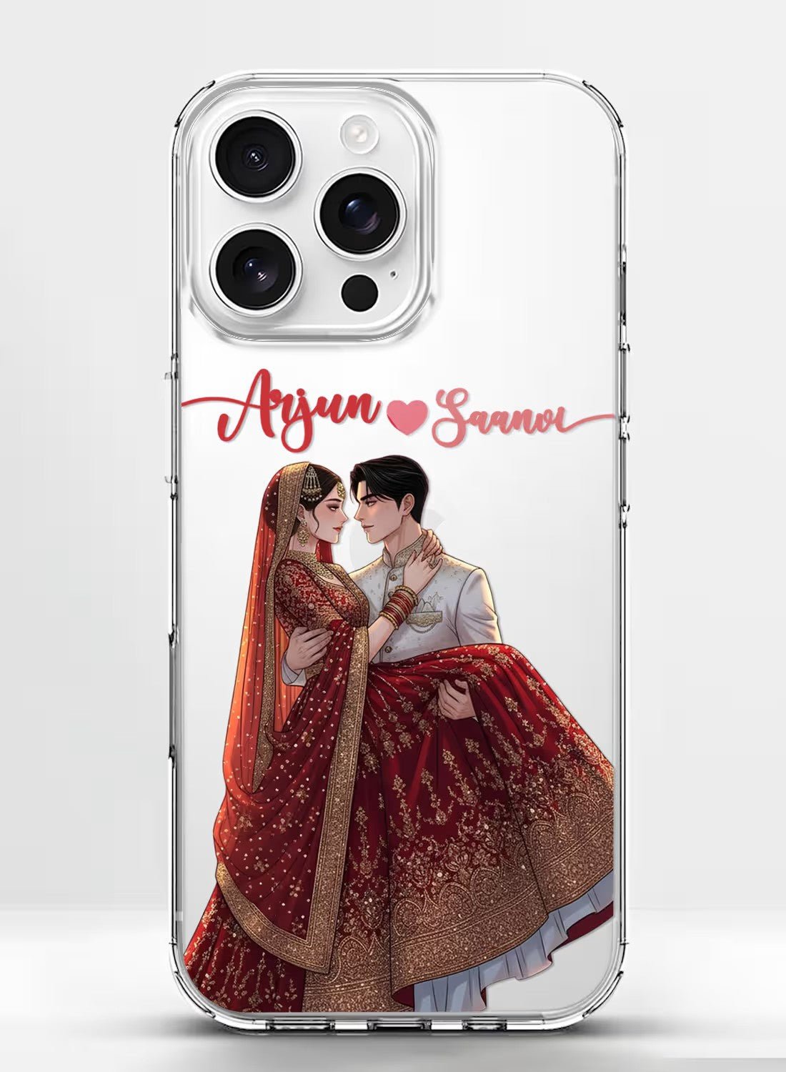 Personalized clear silicone phone case featuring an illustrated Indian wedding couple portrait for mobile protection.