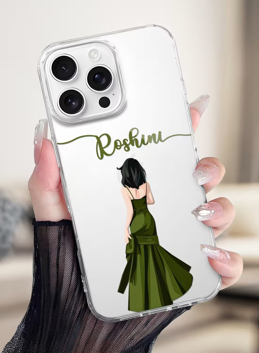 Custom clear phone case featuring a stylish woman in an olive green evening gown with personalized name option.