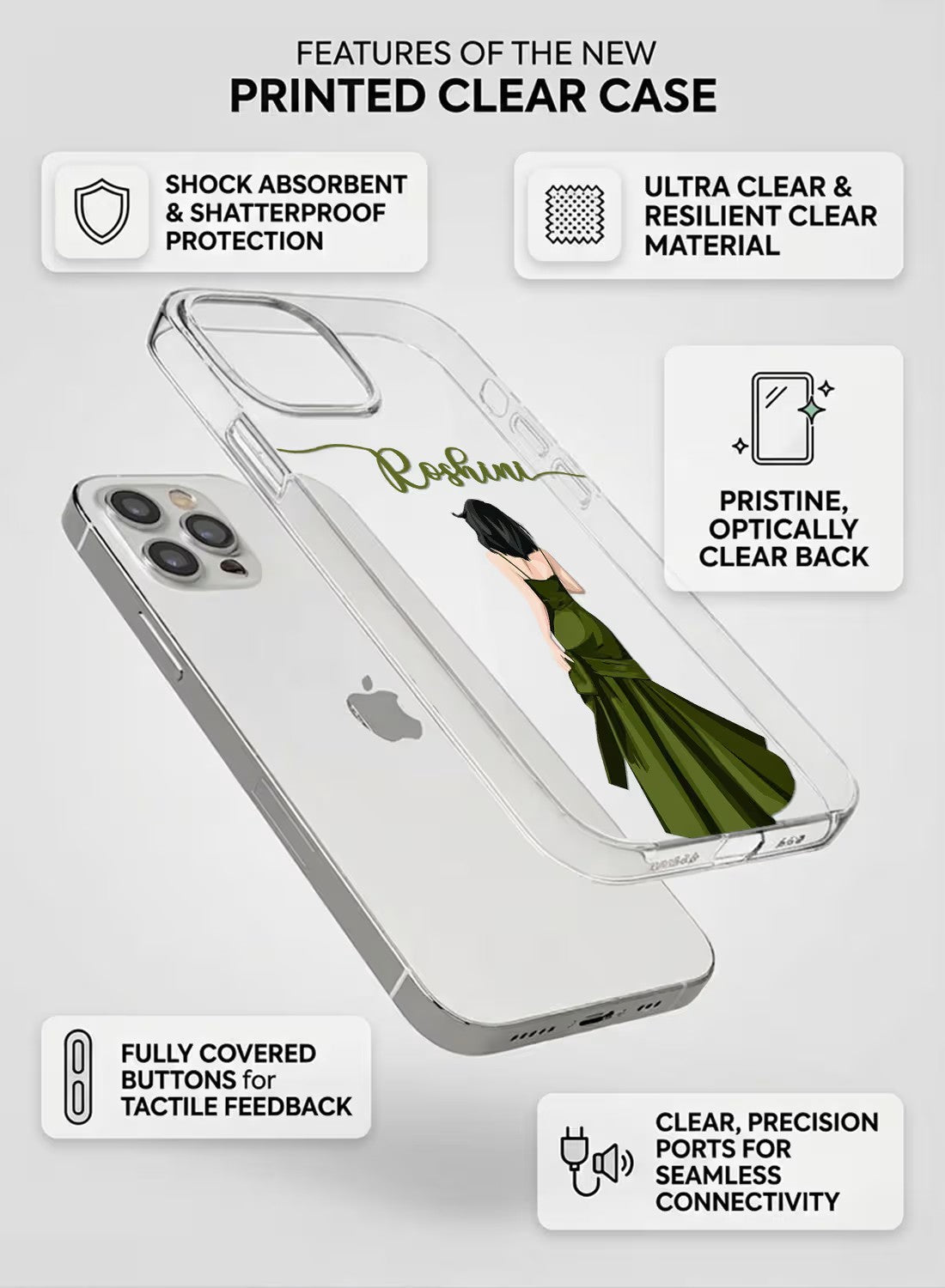 Custom clear phone case featuring a stylish woman in an olive green evening gown with personalized name option.