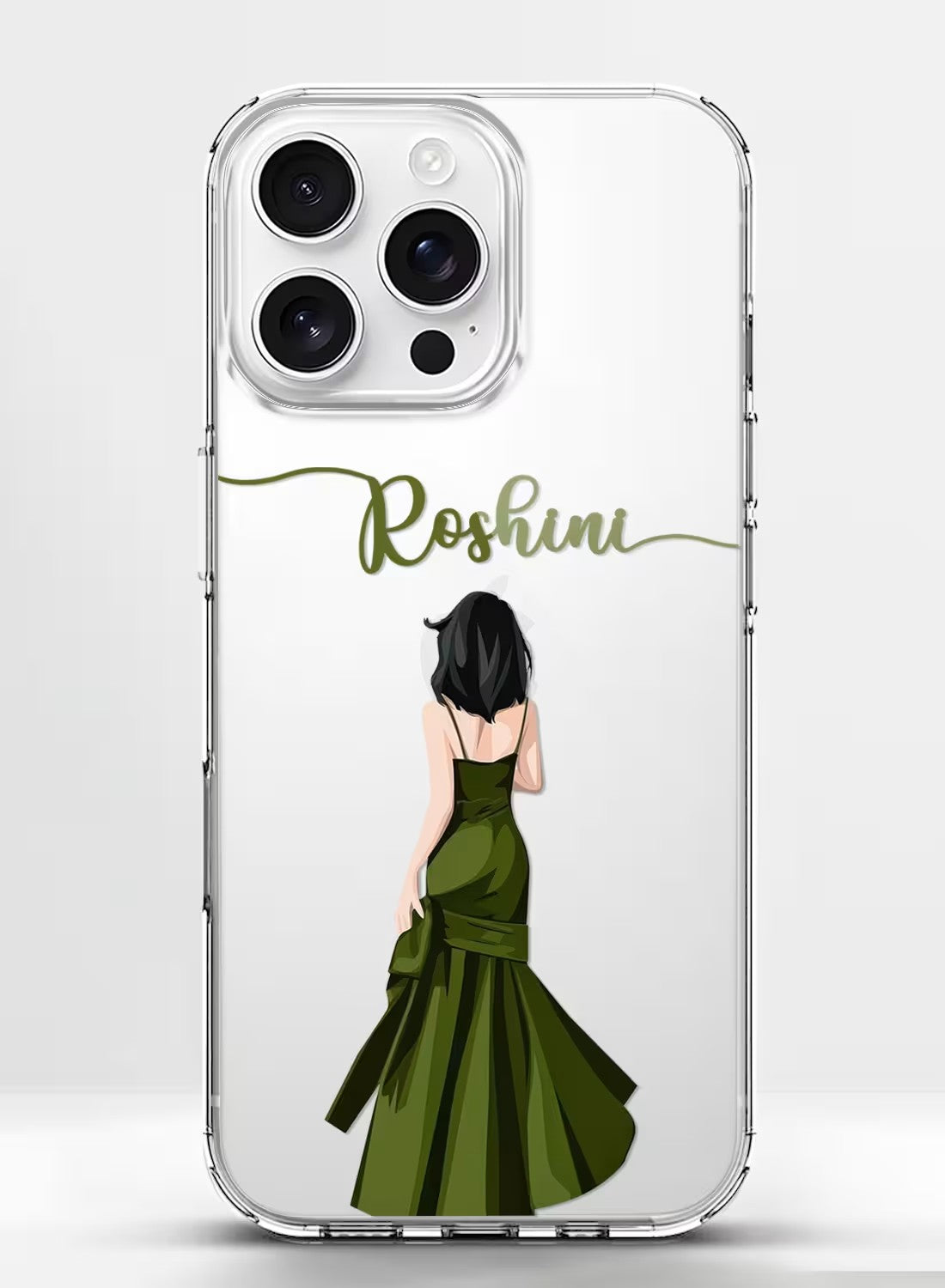 Custom clear phone case featuring a stylish woman in an olive green evening gown with personalized name option.