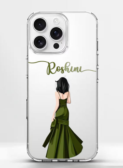 Custom clear phone case featuring a stylish woman in an olive green evening gown with personalized name option.