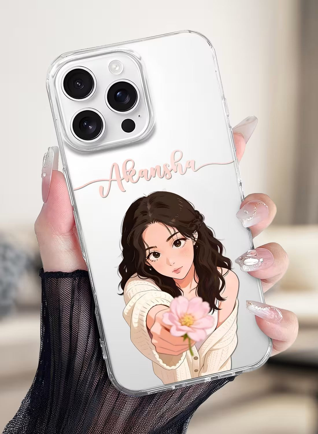 Personalized clear phone case featuring an aesthetic girl holding a pink flower with custom name space on a high-quality silicone cover.