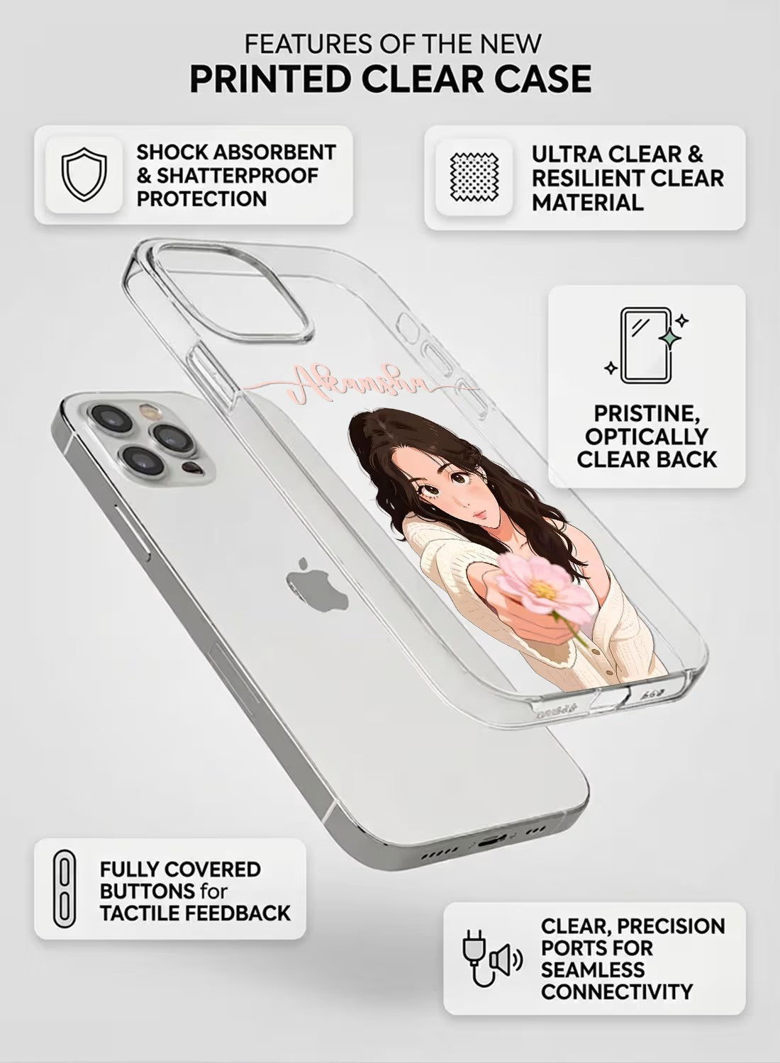 Personalized clear phone case featuring an aesthetic girl holding a pink flower with custom name space on a high-quality silicone cover.